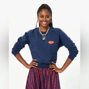 CLARE V. Navy Blue Poppy Lips Sweatshirt Cotton Crewneck Pullover Size Small